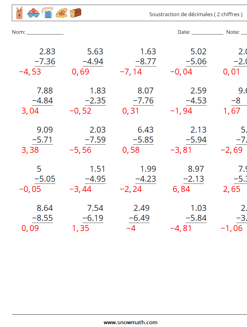 (25) Soustraction de décimales ( 2 chiffres ) Fiches d'Exercices de Mathématiques 14 Question, Réponse