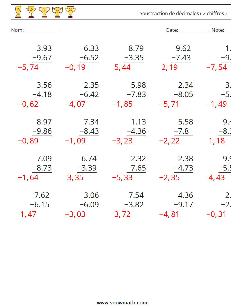 (25) Soustraction de décimales ( 2 chiffres ) Fiches d'Exercices de Mathématiques 16 Question, Réponse