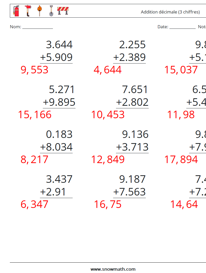 (12) Addition décimale (3 chiffres) Fiches d'Exercices de Mathématiques 11 Question, Réponse
