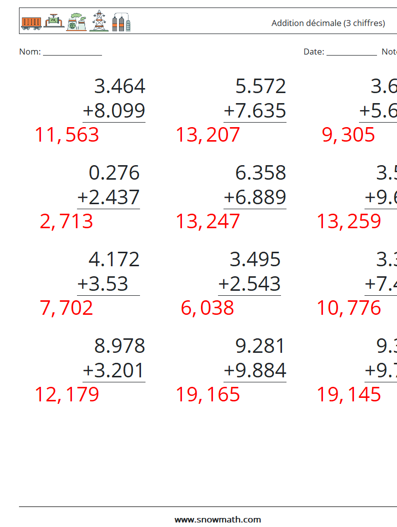 (12) Addition décimale (3 chiffres) Fiches d'Exercices de Mathématiques 13 Question, Réponse