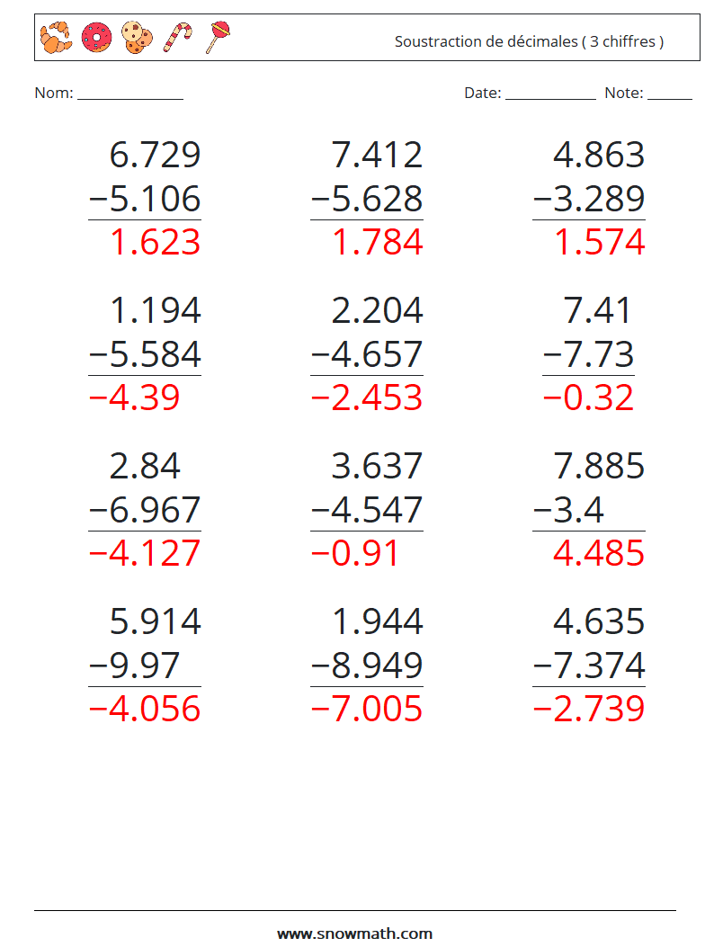 (12) Soustraction de décimales ( 3 chiffres ) Fiches d'Exercices de Mathématiques 10 Question, Réponse