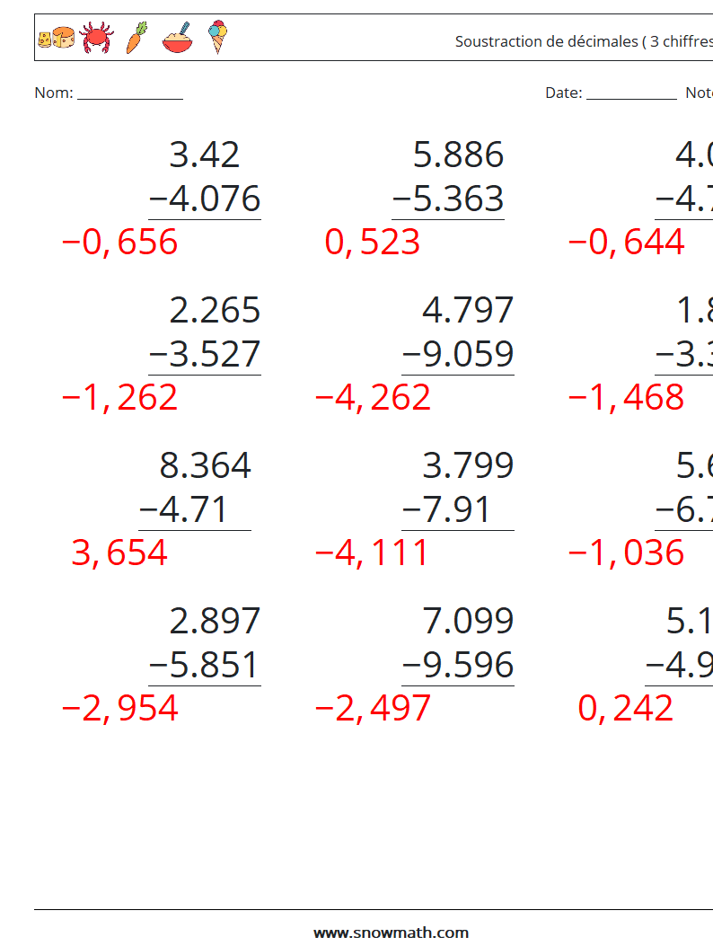 (12) Soustraction de décimales ( 3 chiffres ) Fiches d'Exercices de Mathématiques 13 Question, Réponse