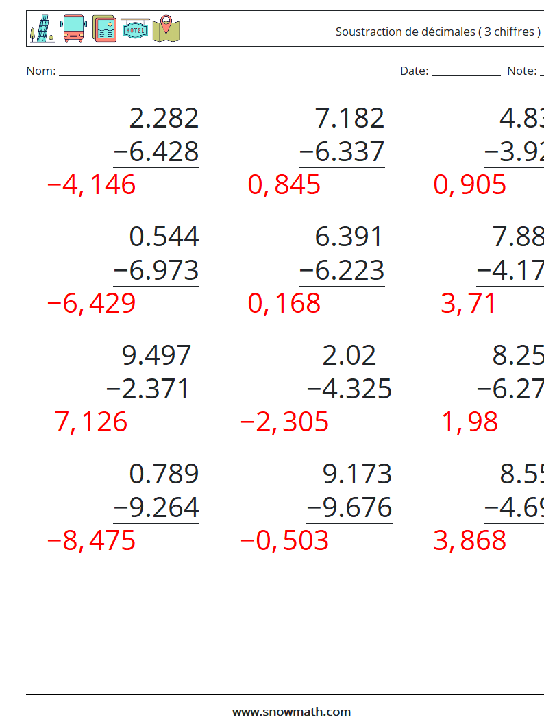 (12) Soustraction de décimales ( 3 chiffres ) Fiches d'Exercices de Mathématiques 15 Question, Réponse