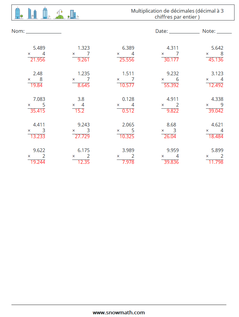 (25) Multiplication de décimales (décimal à 3 chiffres par entier ) Fiches d'Exercices de Mathématiques 10 Question, Réponse