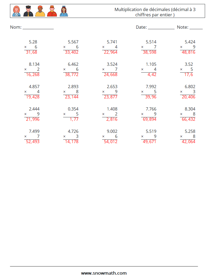 (25) Multiplication de décimales (décimal à 3 chiffres par entier ) Fiches d'Exercices de Mathématiques 11 Question, Réponse