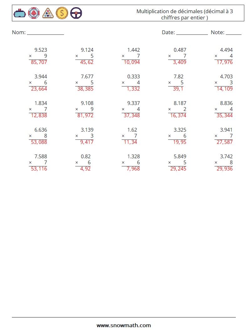 (25) Multiplication de décimales (décimal à 3 chiffres par entier ) Fiches d'Exercices de Mathématiques 12 Question, Réponse