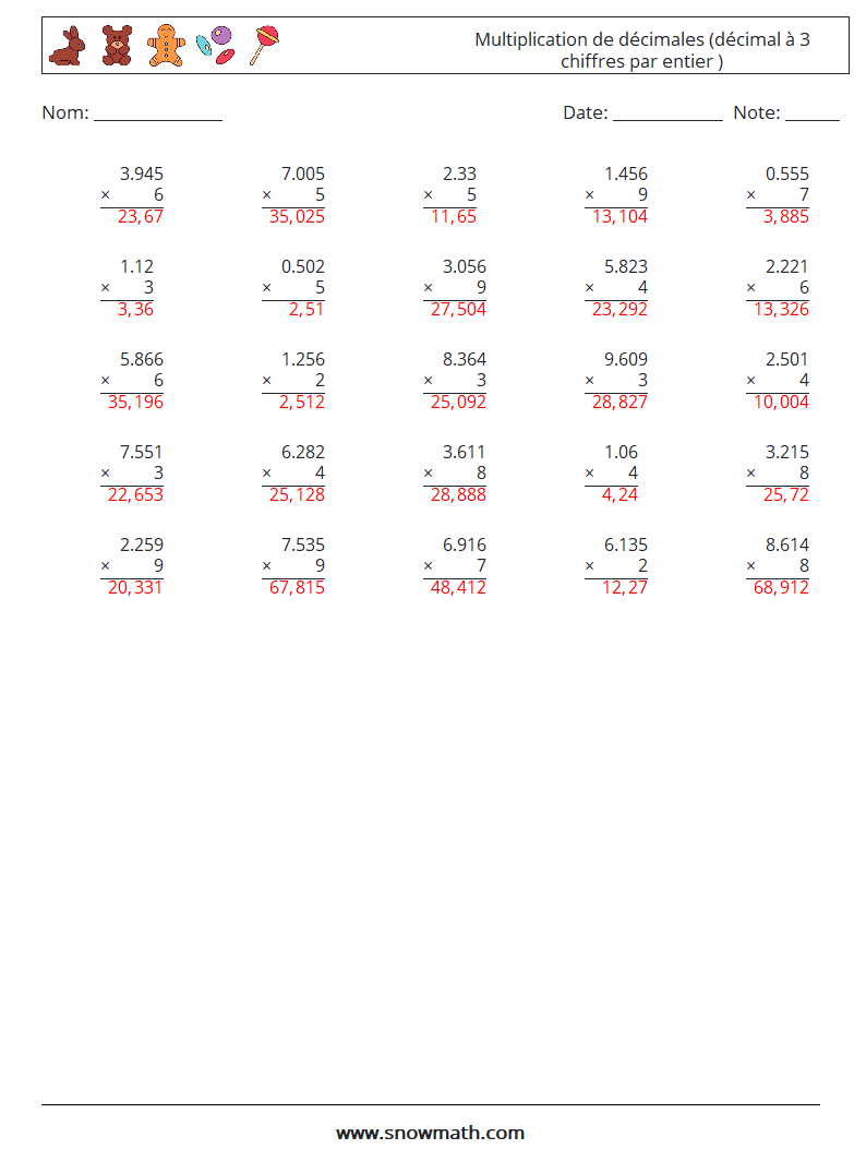 (25) Multiplication de décimales (décimal à 3 chiffres par entier ) Fiches d'Exercices de Mathématiques 16 Question, Réponse