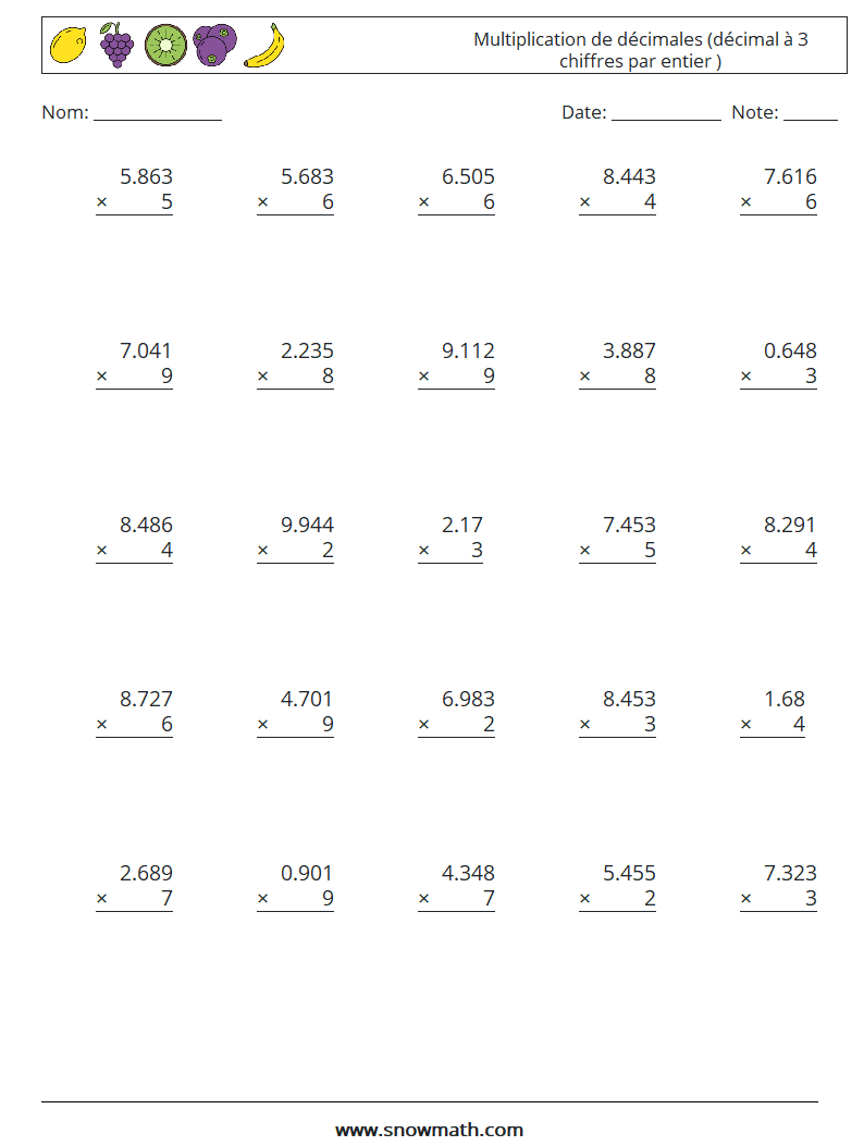 (25) Multiplication de décimales (décimal à 3 chiffres par entier ) Fiches d'Exercices de Mathématiques 4