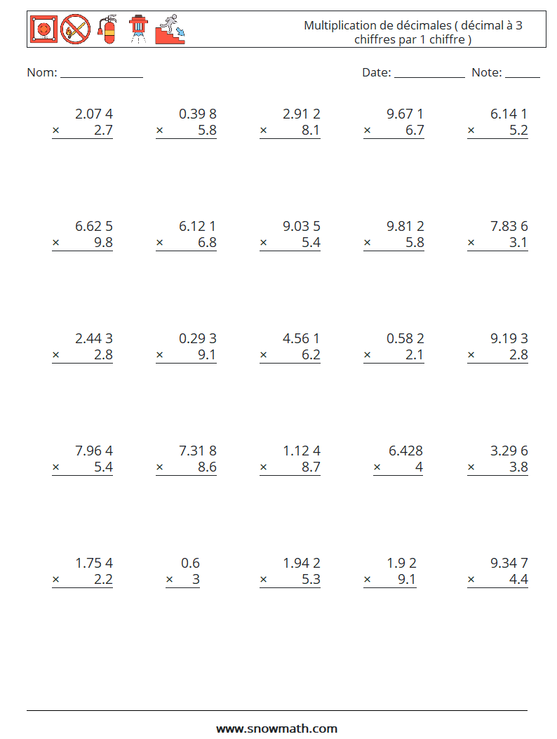 (25) Multiplication de décimales ( décimal à 3 chiffres par 1 chiffre ) Fiches d'Exercices de Mathématiques 10