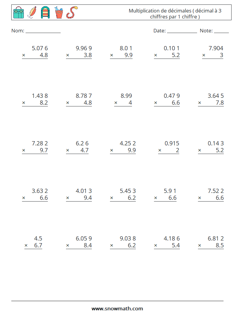 (25) Multiplication de décimales ( décimal à 3 chiffres par 1 chiffre ) Fiches d'Exercices de Mathématiques 11