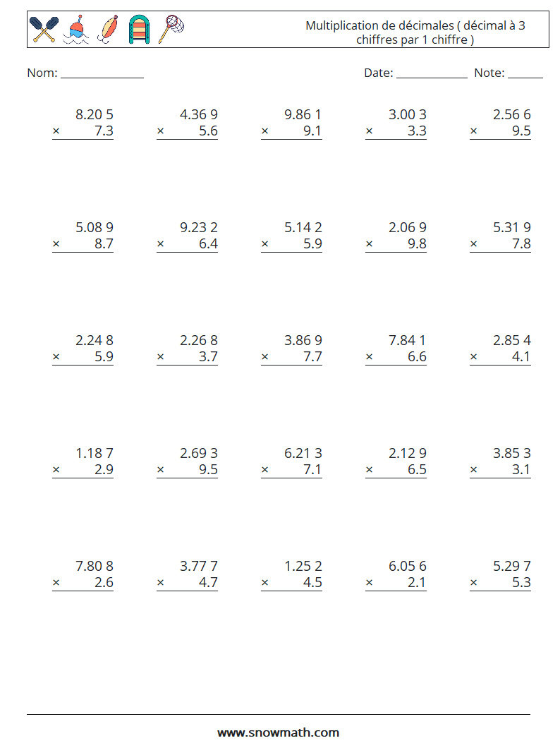 (25) Multiplication de décimales ( décimal à 3 chiffres par 1 chiffre ) Fiches d'Exercices de Mathématiques 12