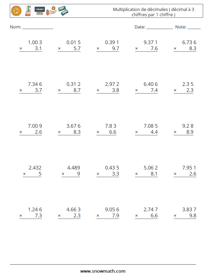 (25) Multiplication de décimales ( décimal à 3 chiffres par 1 chiffre ) Fiches d'Exercices de Mathématiques 13