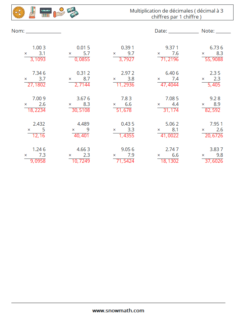 (25) Multiplication de décimales ( décimal à 3 chiffres par 1 chiffre ) Fiches d'Exercices de Mathématiques 13 Question, Réponse