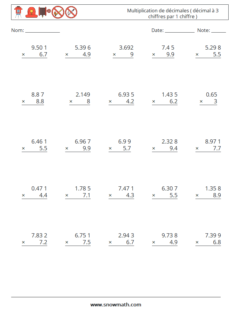 (25) Multiplication de décimales ( décimal à 3 chiffres par 1 chiffre ) Fiches d'Exercices de Mathématiques 14