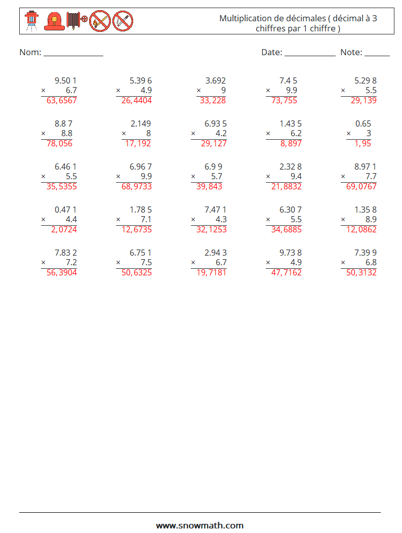 (25) Multiplication de décimales ( décimal à 3 chiffres par 1 chiffre ) Fiches d'Exercices de Mathématiques 14 Question, Réponse