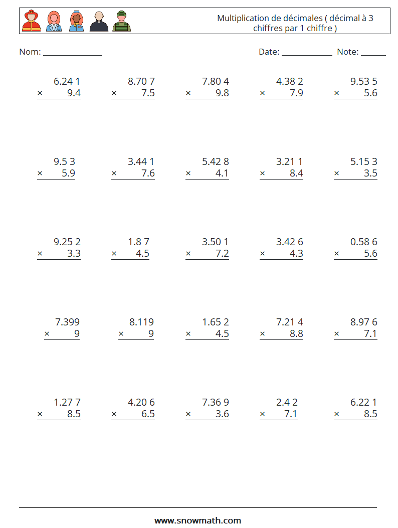(25) Multiplication de décimales ( décimal à 3 chiffres par 1 chiffre ) Fiches d'Exercices de Mathématiques 15