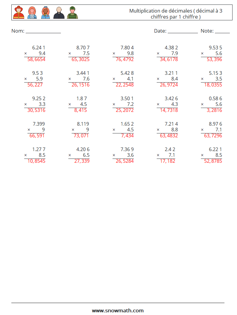 (25) Multiplication de décimales ( décimal à 3 chiffres par 1 chiffre ) Fiches d'Exercices de Mathématiques 15 Question, Réponse