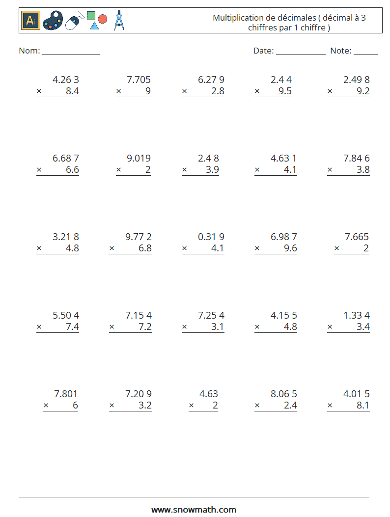 (25) Multiplication de décimales ( décimal à 3 chiffres par 1 chiffre ) Fiches d'Exercices de Mathématiques 16