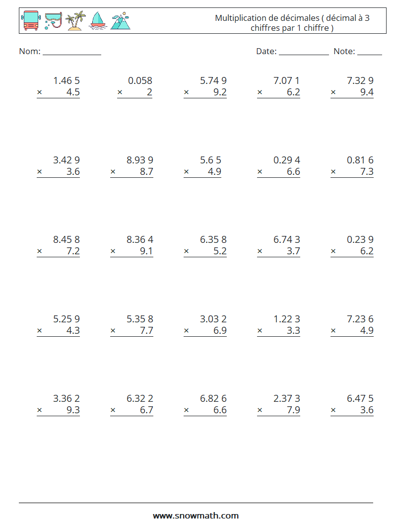 (25) Multiplication de décimales ( décimal à 3 chiffres par 1 chiffre ) Fiches d'Exercices de Mathématiques 17