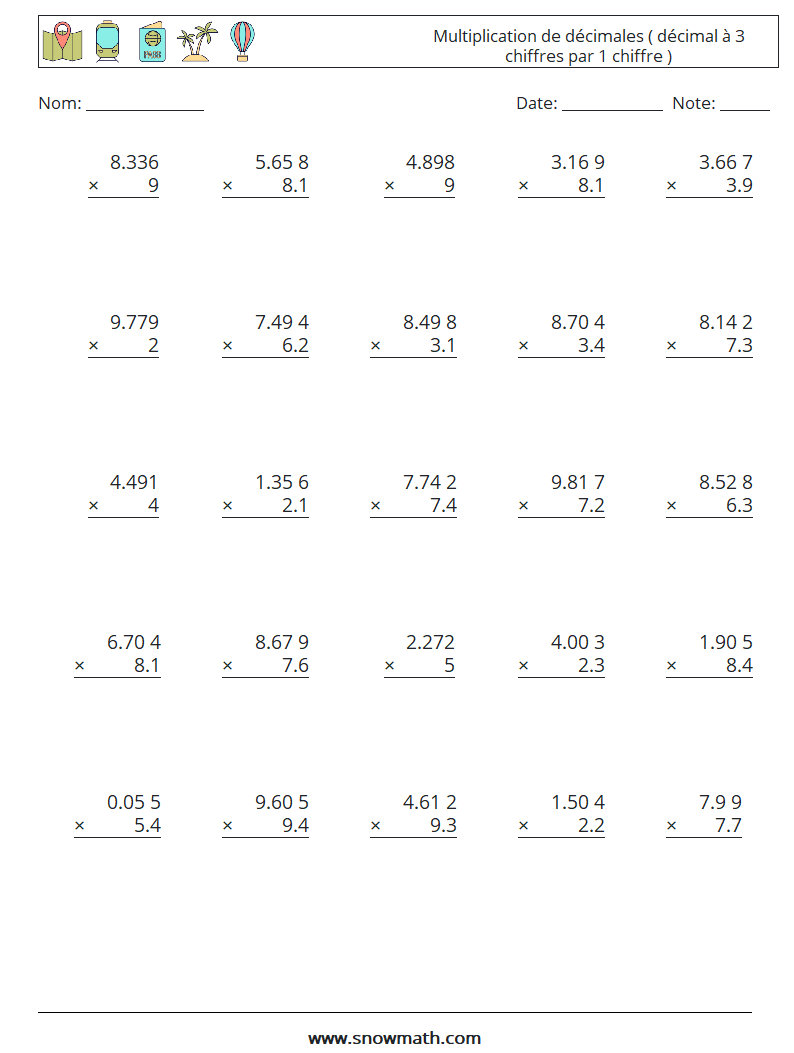 (25) Multiplication de décimales ( décimal à 3 chiffres par 1 chiffre ) Fiches d'Exercices de Mathématiques 18