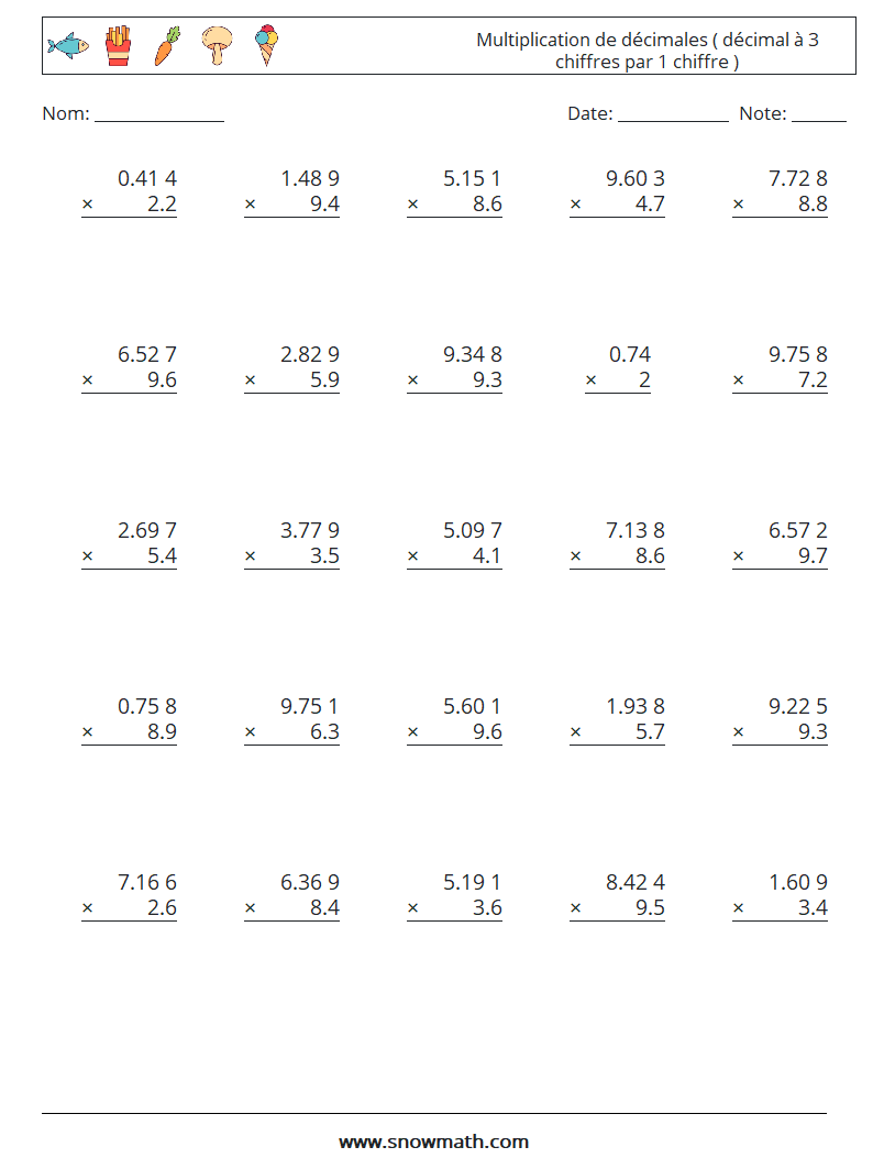 (25) Multiplication de décimales ( décimal à 3 chiffres par 1 chiffre ) Fiches d'Exercices de Mathématiques 2