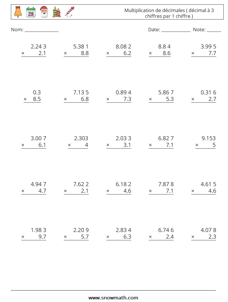 (25) Multiplication de décimales ( décimal à 3 chiffres par 1 chiffre ) Fiches d'Exercices de Mathématiques 3