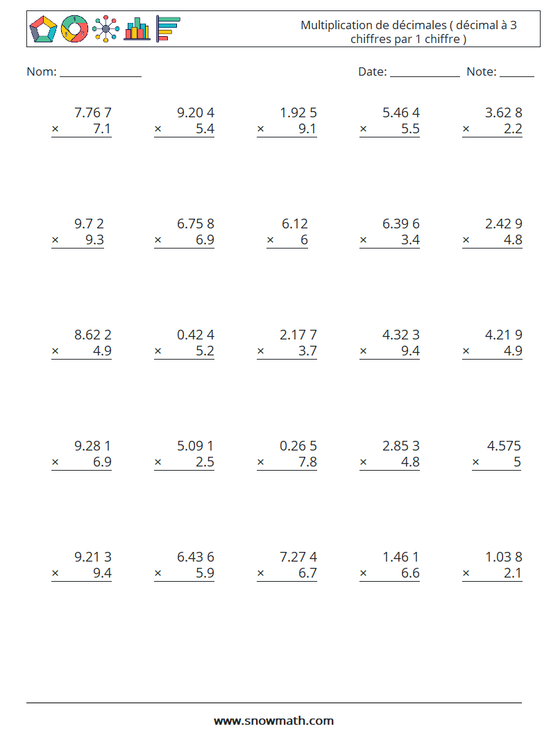 (25) Multiplication de décimales ( décimal à 3 chiffres par 1 chiffre ) Fiches d'Exercices de Mathématiques 4