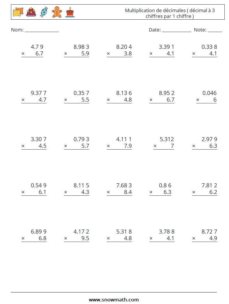 (25) Multiplication de décimales ( décimal à 3 chiffres par 1 chiffre ) Fiches d'Exercices de Mathématiques 5
