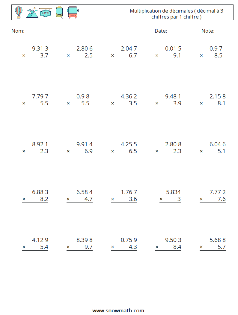 (25) Multiplication de décimales ( décimal à 3 chiffres par 1 chiffre ) Fiches d'Exercices de Mathématiques 6