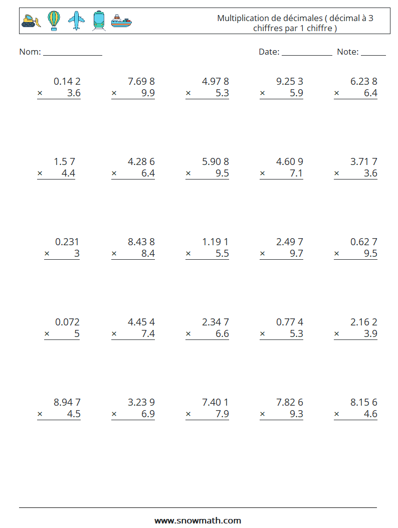 (25) Multiplication de décimales ( décimal à 3 chiffres par 1 chiffre ) Fiches d'Exercices de Mathématiques 7