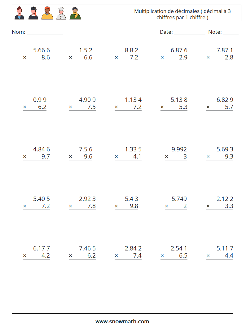 (25) Multiplication de décimales ( décimal à 3 chiffres par 1 chiffre ) Fiches d'Exercices de Mathématiques 8