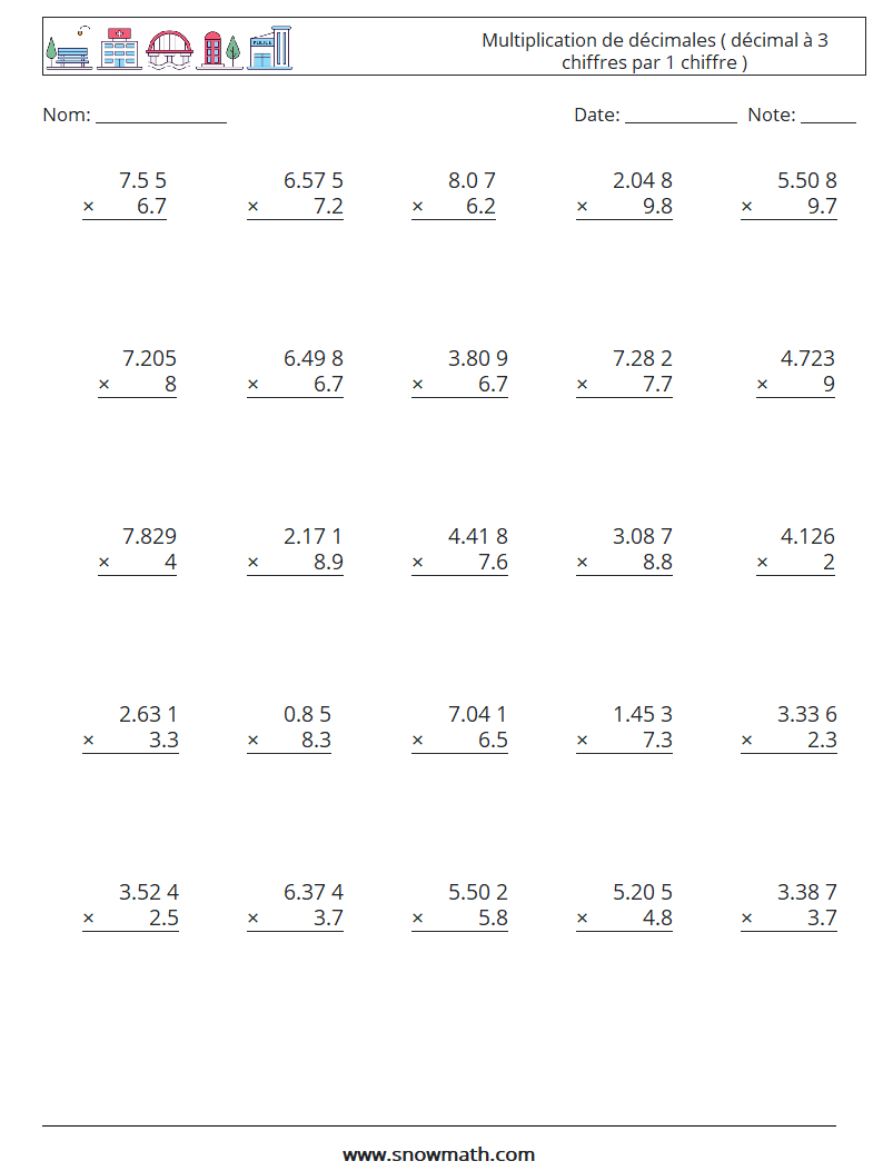 (25) Multiplication de décimales ( décimal à 3 chiffres par 1 chiffre ) Fiches d'Exercices de Mathématiques 9