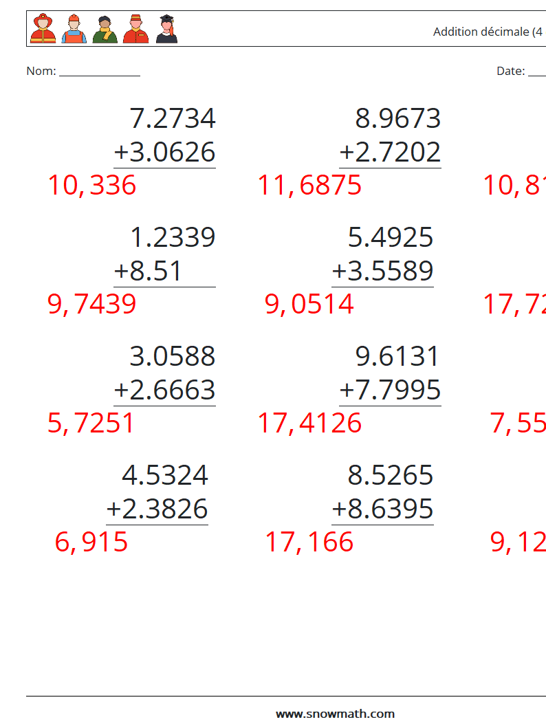 (12) Addition décimale (4 chiffres) Fiches d'Exercices de Mathématiques 14 Question, Réponse
