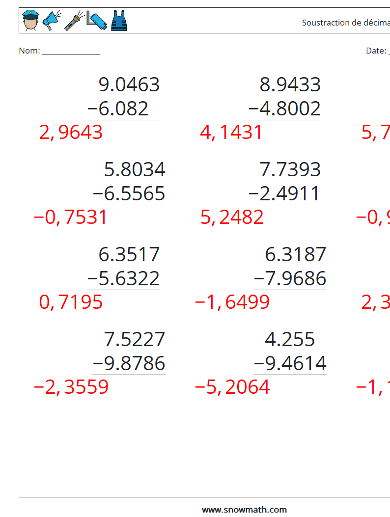 (12) Soustraction de décimales (4 chiffres) Fiches d'Exercices de Mathématiques 18 Question, Réponse