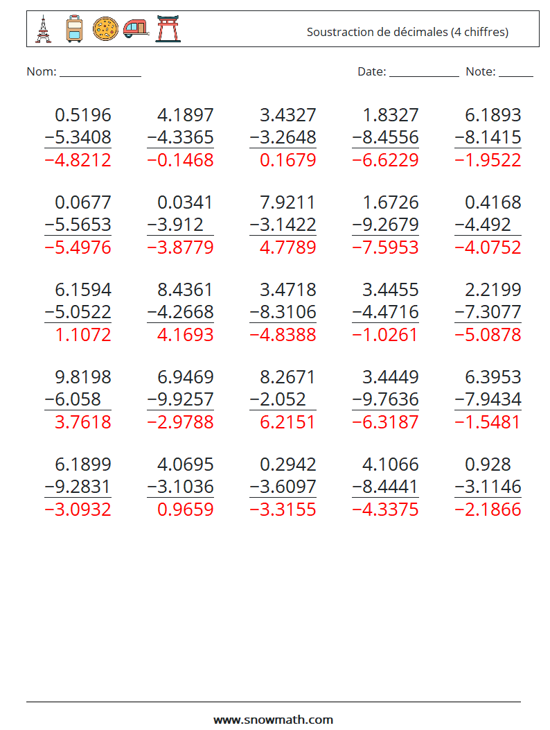 (25) Soustraction de décimales (4 chiffres) Fiches d'Exercices de Mathématiques 10 Question, Réponse