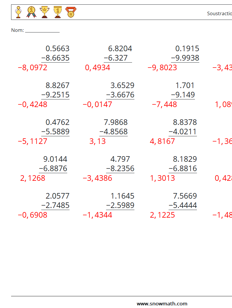 (25) Soustraction de décimales (4 chiffres) Fiches d'Exercices de Mathématiques 12 Question, Réponse