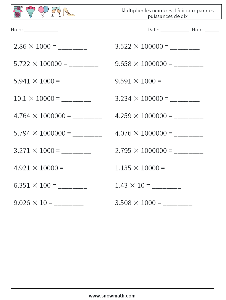 Multiplier les nombres décimaux par des puissances de dix Fiches d'Exercices de Mathématiques 10