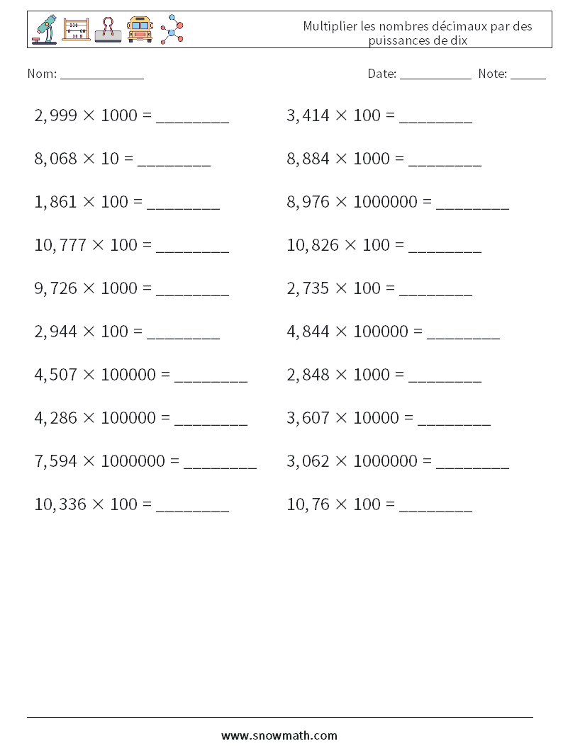 Multiplier les nombres décimaux par des puissances de dix Fiches d'Exercices de Mathématiques 11