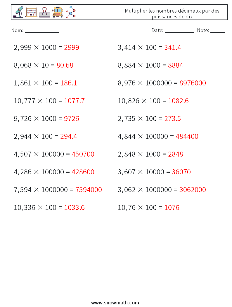 Multiplier les nombres décimaux par des puissances de dix Fiches d'Exercices de Mathématiques 11 Question, Réponse