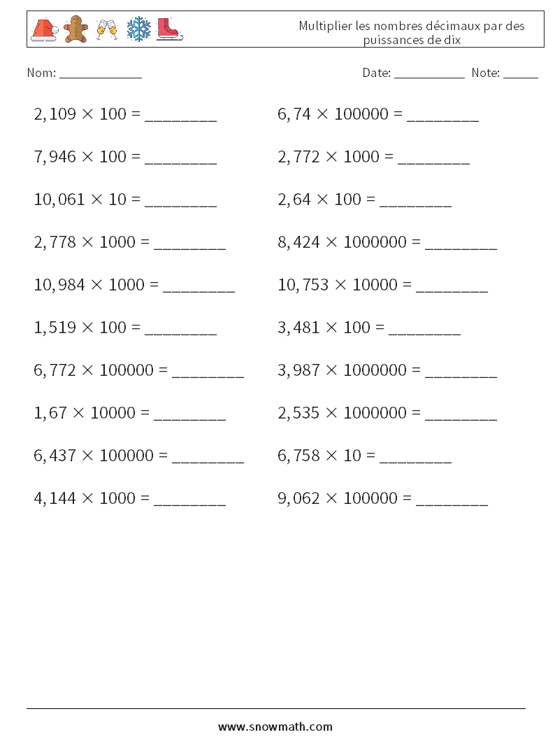 Multiplier les nombres décimaux par des puissances de dix Fiches d'Exercices de Mathématiques 12