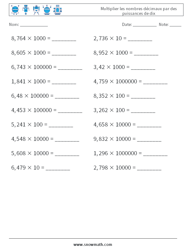 Multiplier les nombres décimaux par des puissances de dix Fiches d'Exercices de Mathématiques 13