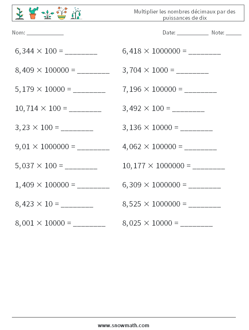 Multiplier les nombres décimaux par des puissances de dix Fiches d'Exercices de Mathématiques 14