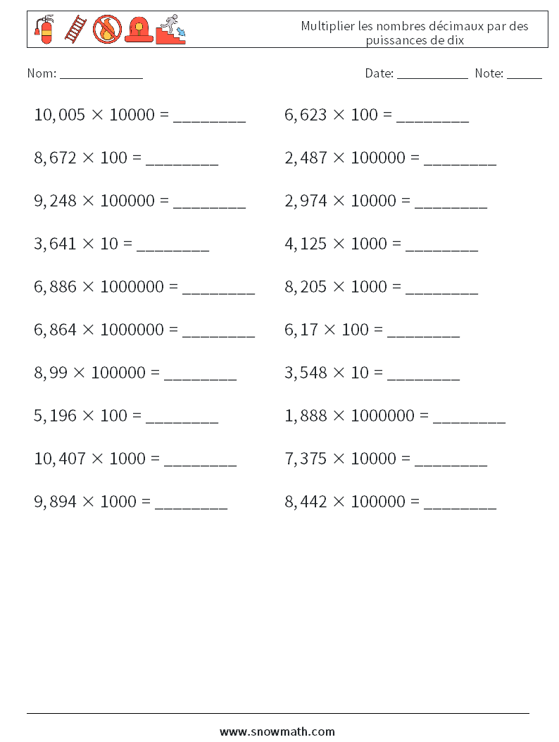 Multiplier les nombres décimaux par des puissances de dix Fiches d'Exercices de Mathématiques 15