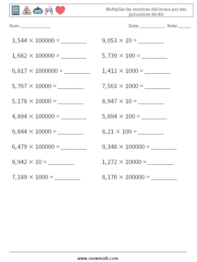 Multiplier les nombres décimaux par des puissances de dix Fiches d'Exercices de Mathématiques 16