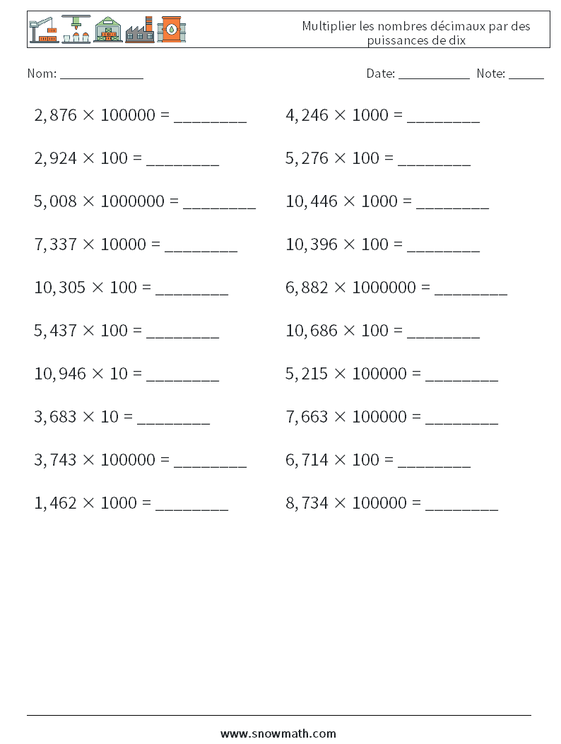 Multiplier les nombres décimaux par des puissances de dix Fiches d'Exercices de Mathématiques 17