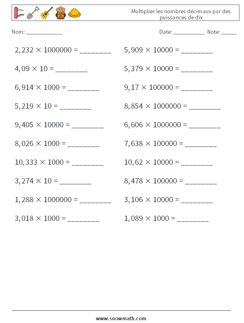 Multiplier les nombres décimaux par des puissances de dix Fiches d'Exercices de Mathématiques 18
