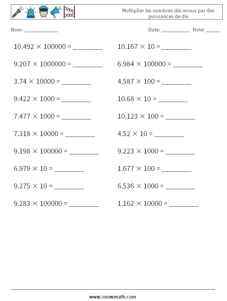 Multiplier les nombres décimaux par des puissances de dix Fiches d'Exercices de Mathématiques 2