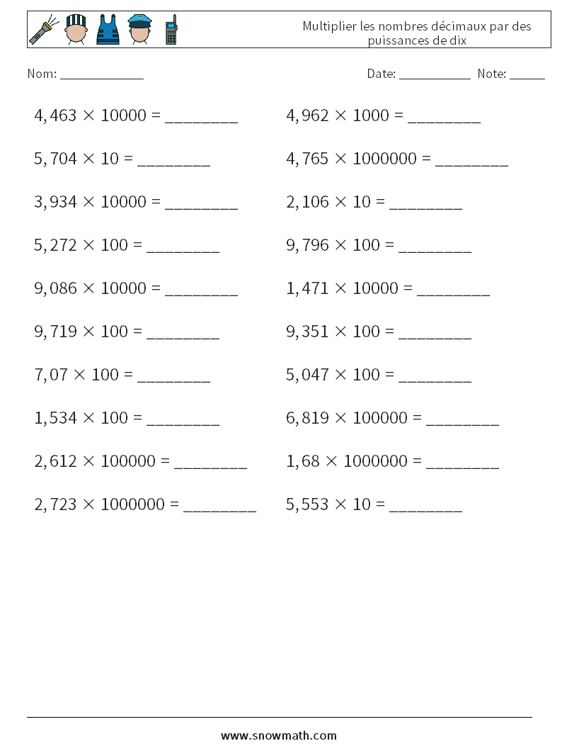 Multiplier les nombres décimaux par des puissances de dix Fiches d'Exercices de Mathématiques 3
