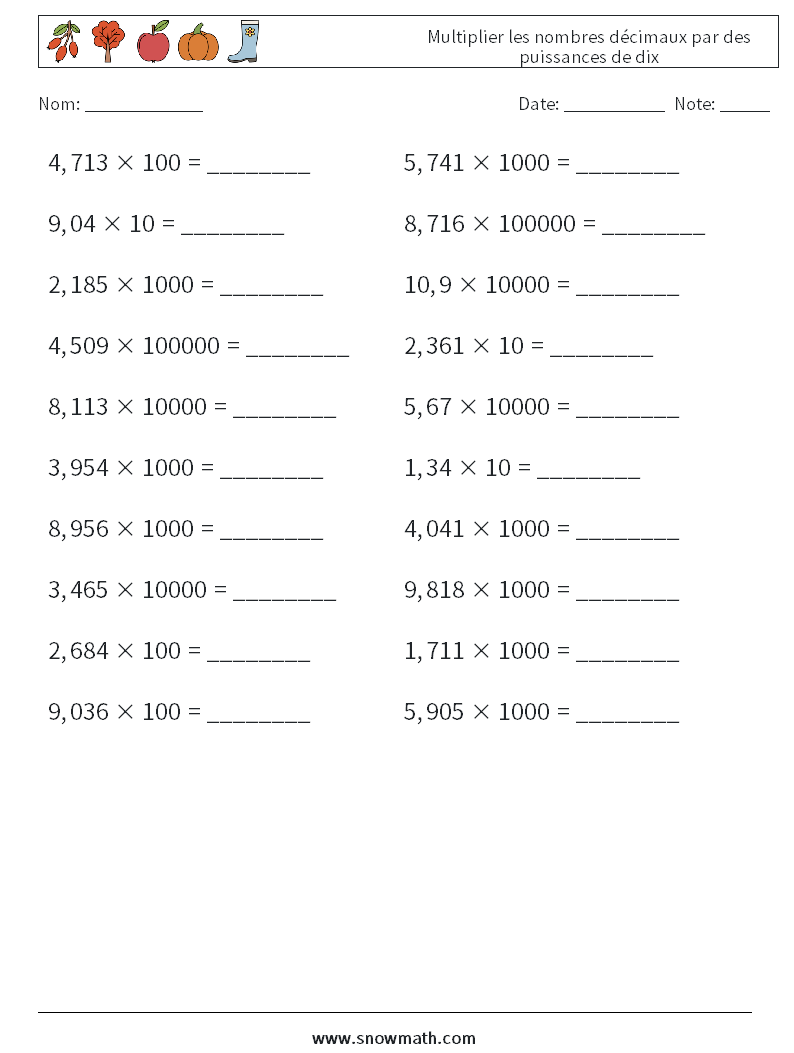 Multiplier les nombres décimaux par des puissances de dix Fiches d'Exercices de Mathématiques 4