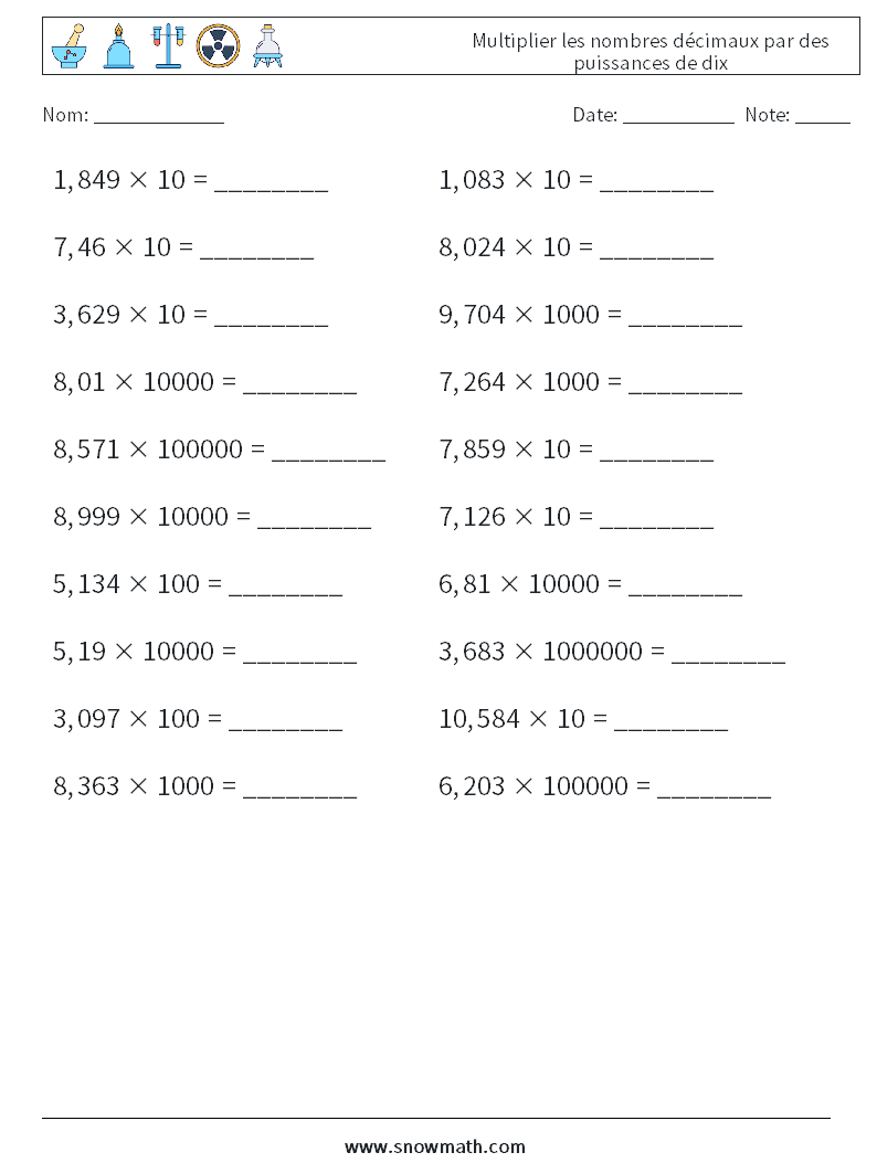 Multiplier les nombres décimaux par des puissances de dix Fiches d'Exercices de Mathématiques 5
